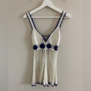 Hand Made White and Blue Crocheted Beach Coverup Size Small